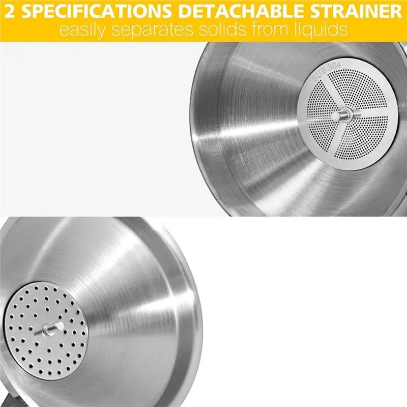 ABRU-Kitchen Funnel Set 3-Pack Stainless Steel Includes 2 Removable Strainers For Liquid& Dry Food, Cleaning Brush