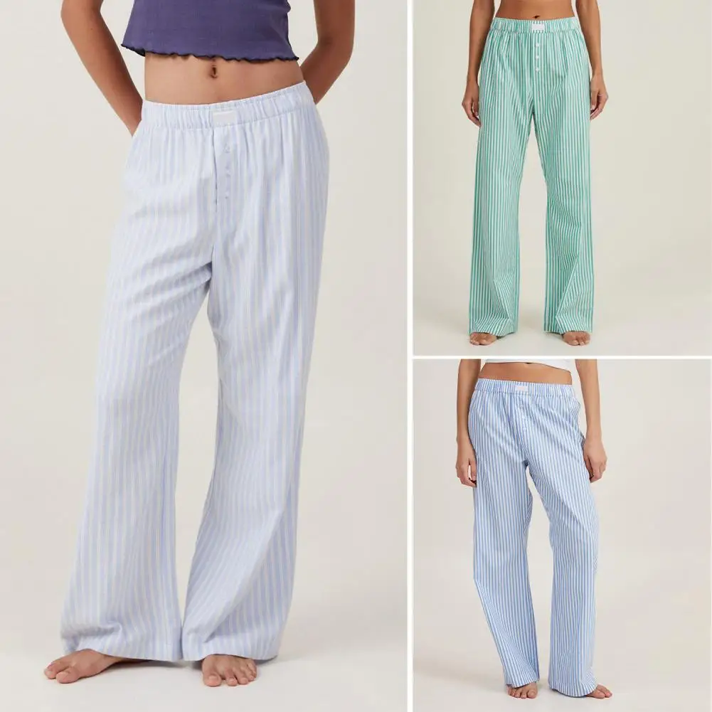 

Striped Pants Striped Print Wide Leg Women's Casual Pants with Elastic Waist Pocket Stylish Mid-rise Trousers for Leisure Women