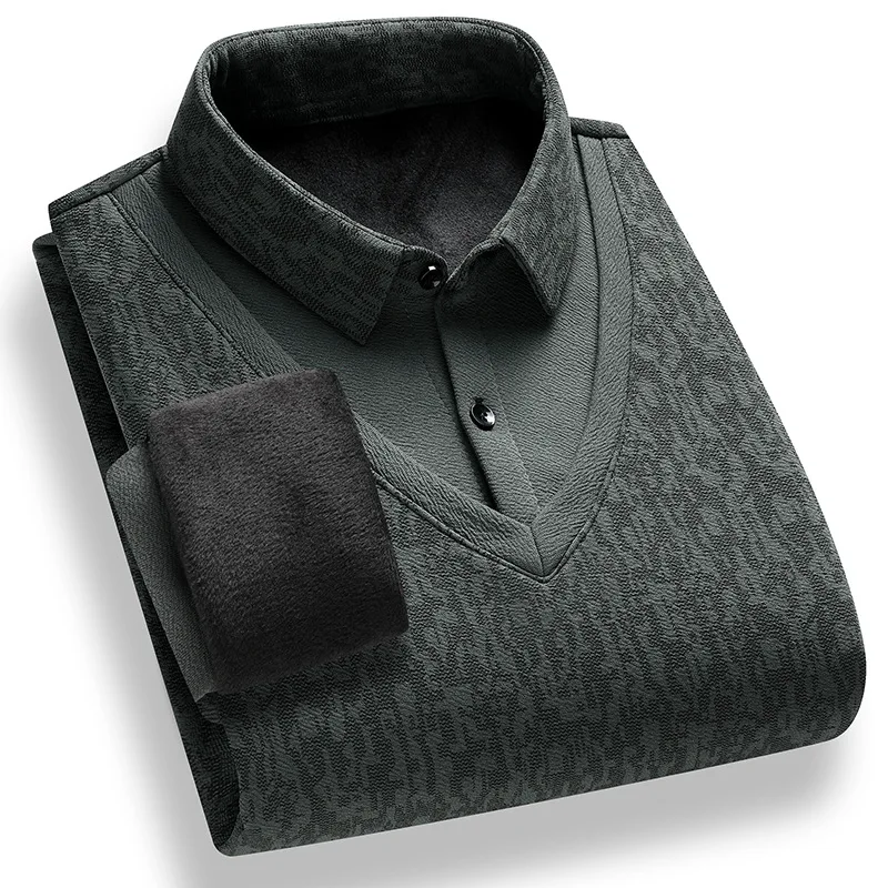 

Мужской зимний новый стиль, искусственный вязаный пуловер из двух предметов, приталенный модный универсальный куртка с воротником рубашки, толстый свитер на флисовой подкладке