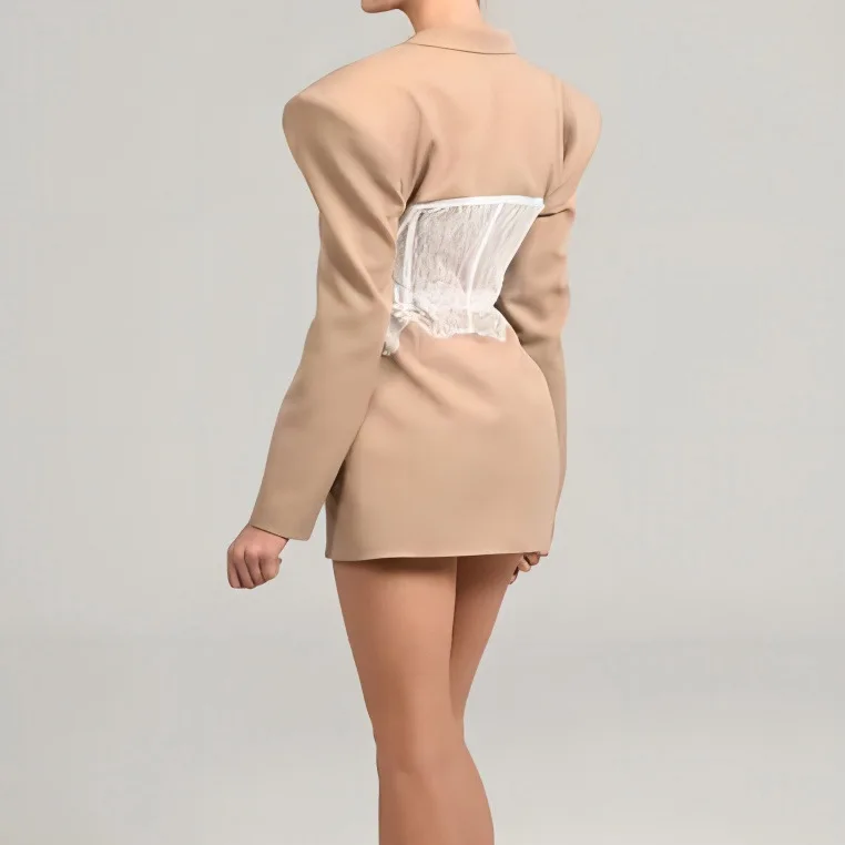 新しいファッショナブルなアウターウェア女性服レースステッチスリムスーツ女性用長袖ハイウエスト西洋風服