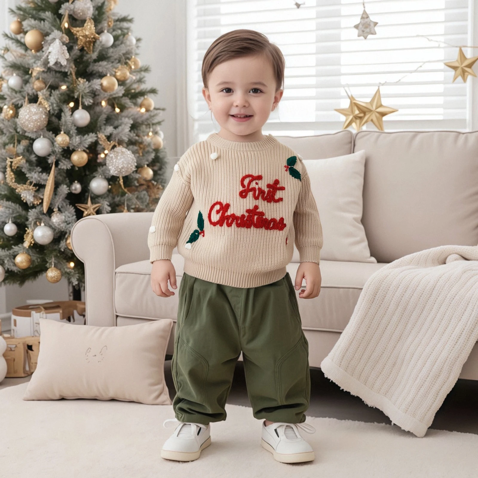 

Baby Christmas Sweaters Long Sleeve Holly Leaf Letter Embroidery Knit Pullovers Infant Jumper Tops Baby Clothing