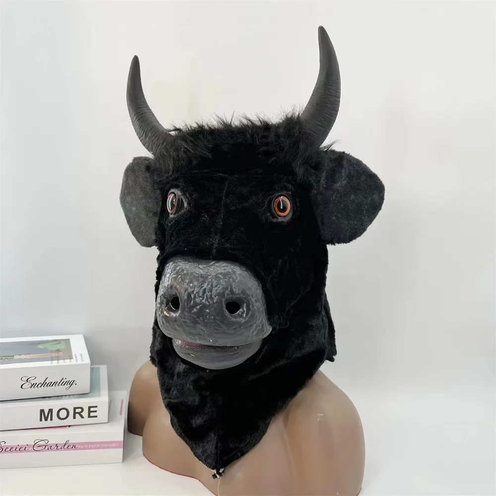 Funny Realistic Moving Mouth Horn Mask Creepy Moving Bull Animal Head Latex Open Cow Mask Masque Halloween Party Cosplay Costume