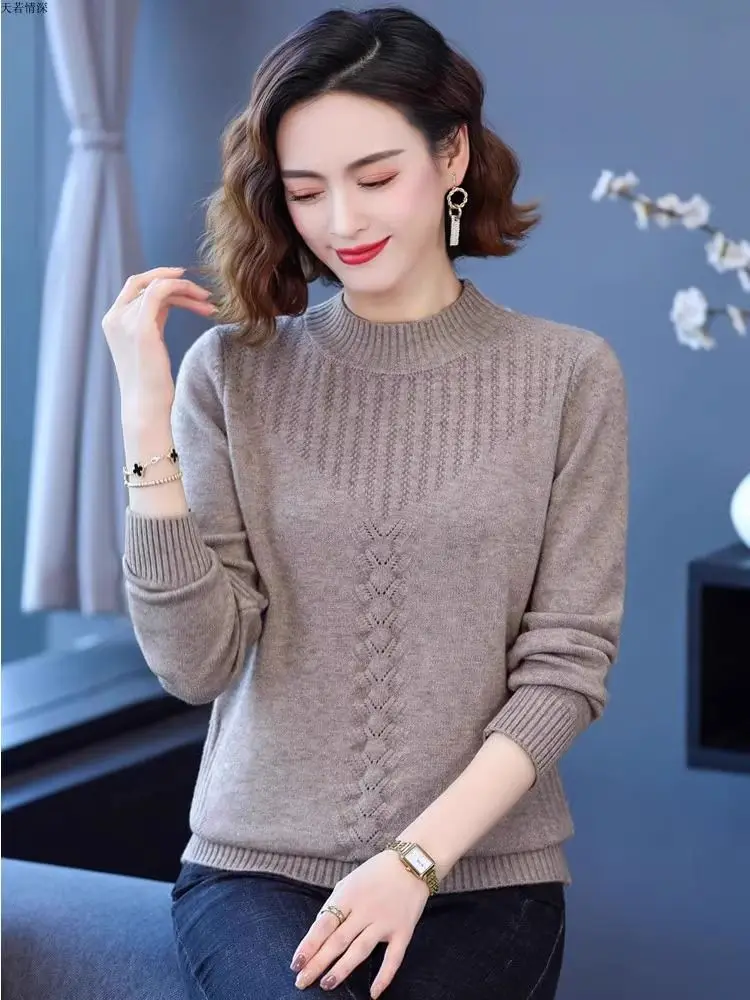 

Woman New Autumn and Winter Loose Plus Thickening Knitted Bottom Shirt Half Turtleneck All Match Jacquard Pullover Sweater LJ470