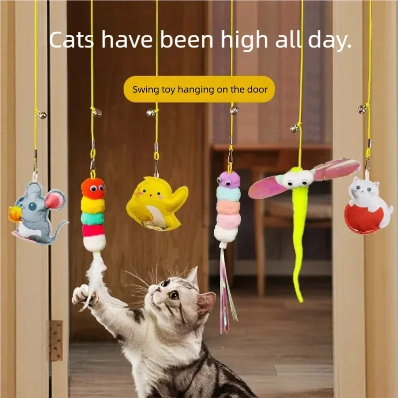 Hanging Door Elastic Rope Cat Toy Random Feather Cat Stick Interactive Playing Toy Funny Pet Accessories For Cats Dogs