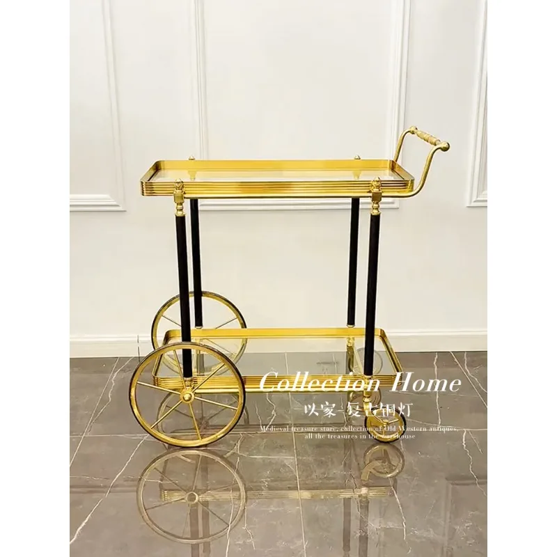 

French mobile trolley, high-end storage car, hotel wine cart, retro all-copper double-layer dining car, restaurant food truck