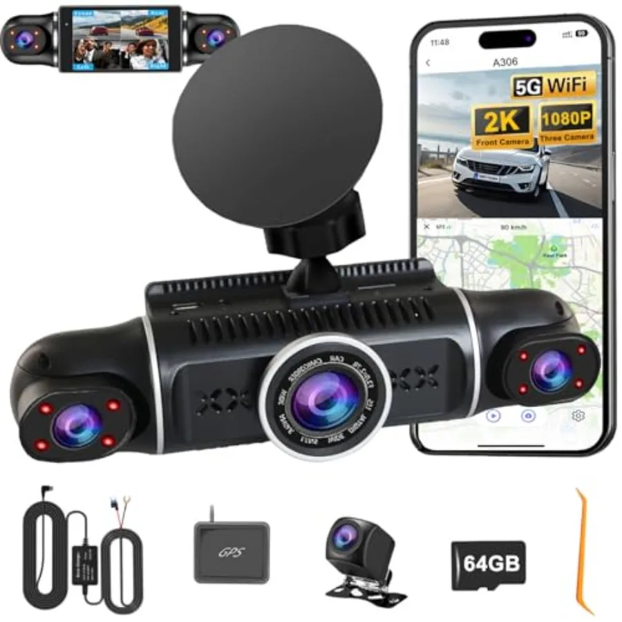 

Car dash cam for front and rear interior use, ABS plastic body in black, 4-channel 360 FHD 2K recording with WiFi, GPS, G-senso