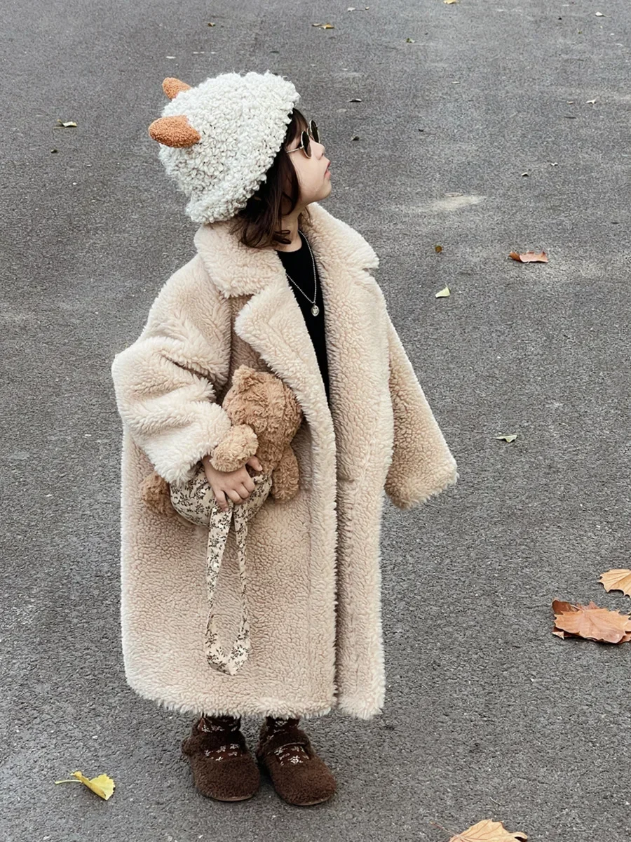 Winter Coat Girls Boys 2024 Furry Hooded Teddy Bear White Pink Faux Fur Long Jacket Long Sleeve Kids Fleece Cardigan XMP614