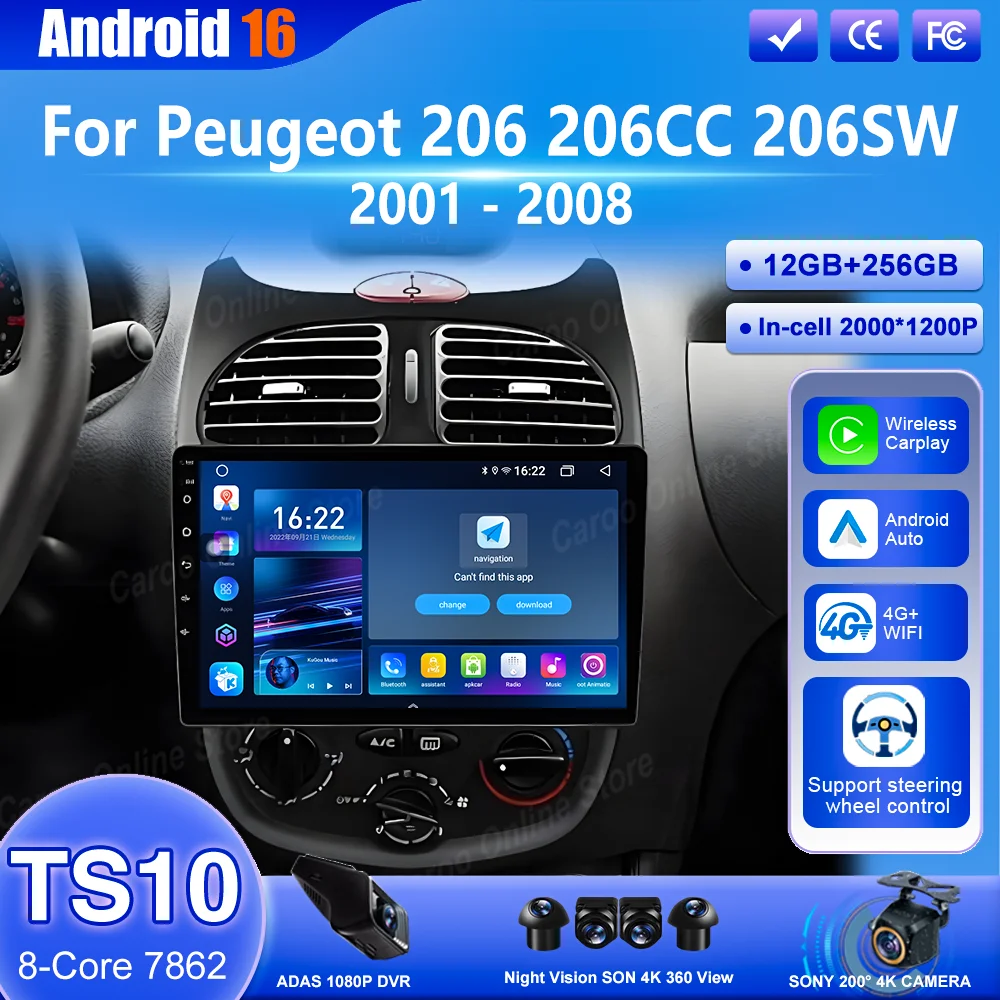 

Android 16 Carplay For Peugeot 206 206CC 206SW 2001-2008 Car DVD Multimedia Player Radio Stereo GPS Navigation Bluetooth 4G WIFI
