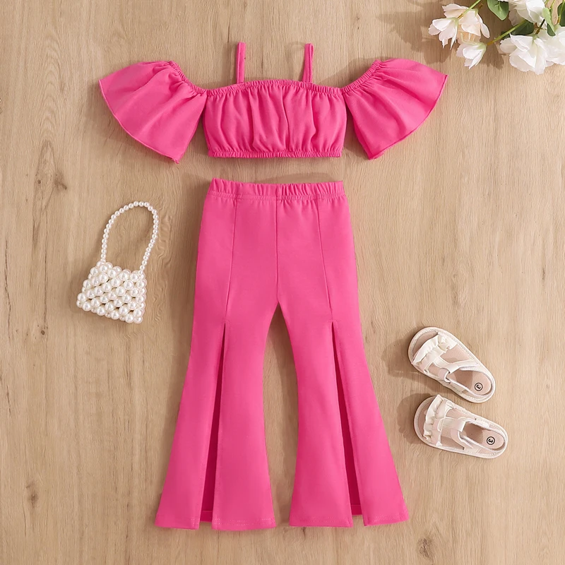 Focusnorm-مجموعة من الملابس للفتيات الصغيرات ، تي شيرت قصير الأكمام وسراويل جينز بدون أكتاف ، جزأين ، الموضة ، الصيف ، من 1 إلى 6 سنوات #2