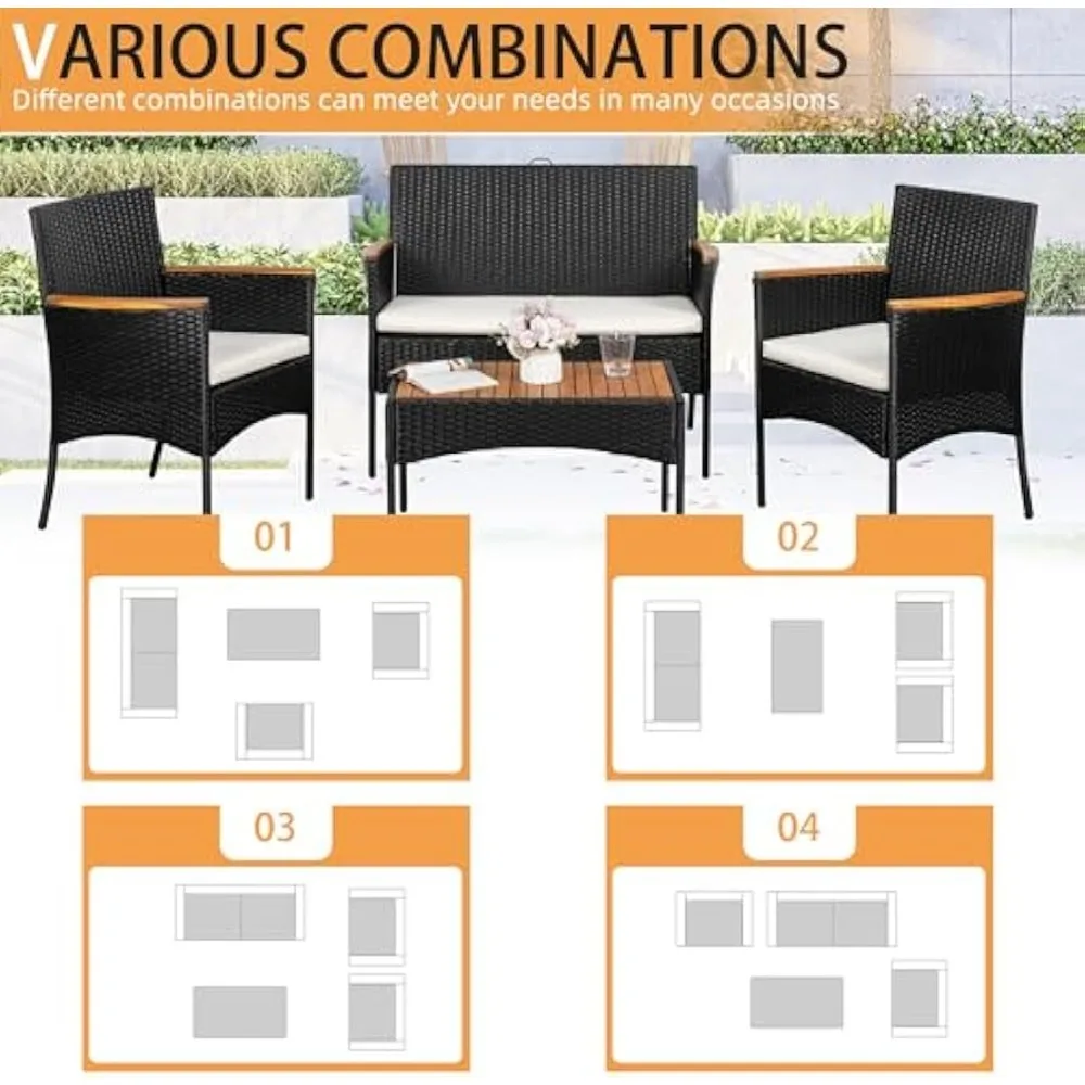 Patio Furniture Set, Outdoor Wicker Patio Conversation Furniture Set with Cushions and Wooden Tabletop for Paito Lawn Backyard