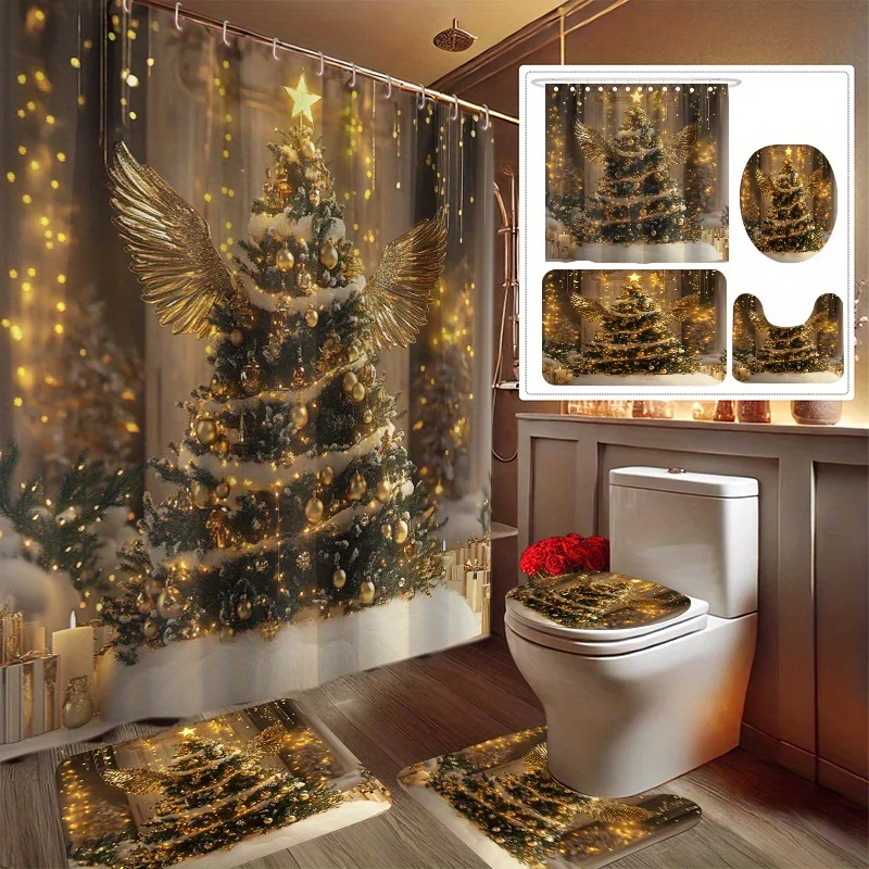 4Pcs Xmas Angel Glow Bath Set – Curtain, Mat, Toilet Cover, Rug, 12 Hooks, Holiday Bathroom Decor, Gift, Home Decor
