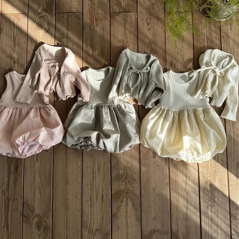 

2026 Summer New Children Long Sleeve Clothes Set Girls Sleeveless Flower Bud Dress + Solid Cardigan 2pcs Suit Kids Outfits