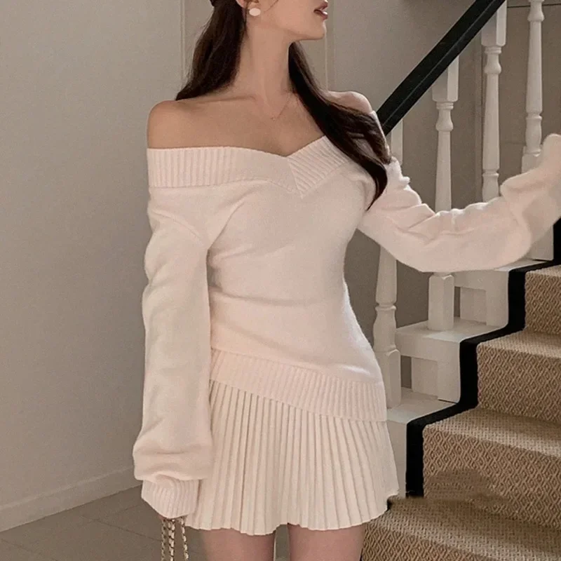 Korean Dongdaemun Spring Summer New Style V-neck Solid Color Sweater Long Sleeve Women's Knitted Wear Slim Fit Personality