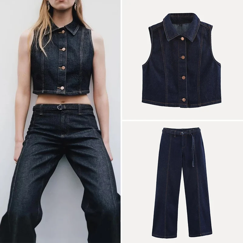 

Женский модный комплект Z, весенний сезон 2022, широкие джинсы, жилет и джинсы, брюки, женский костюм из полиэстера