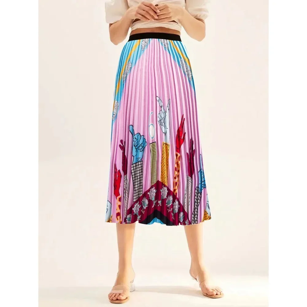 Graffiti Elastic Waist Pleated Skirt, New Summer Printed A-line Skirt Half Skirt