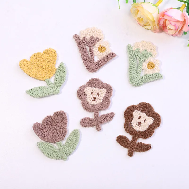 Parche bordado de oso de dibujos animados de lana, 15 piezas, bricolaje, lazo, flor, ropa, horquilla, pegatina, accesorios