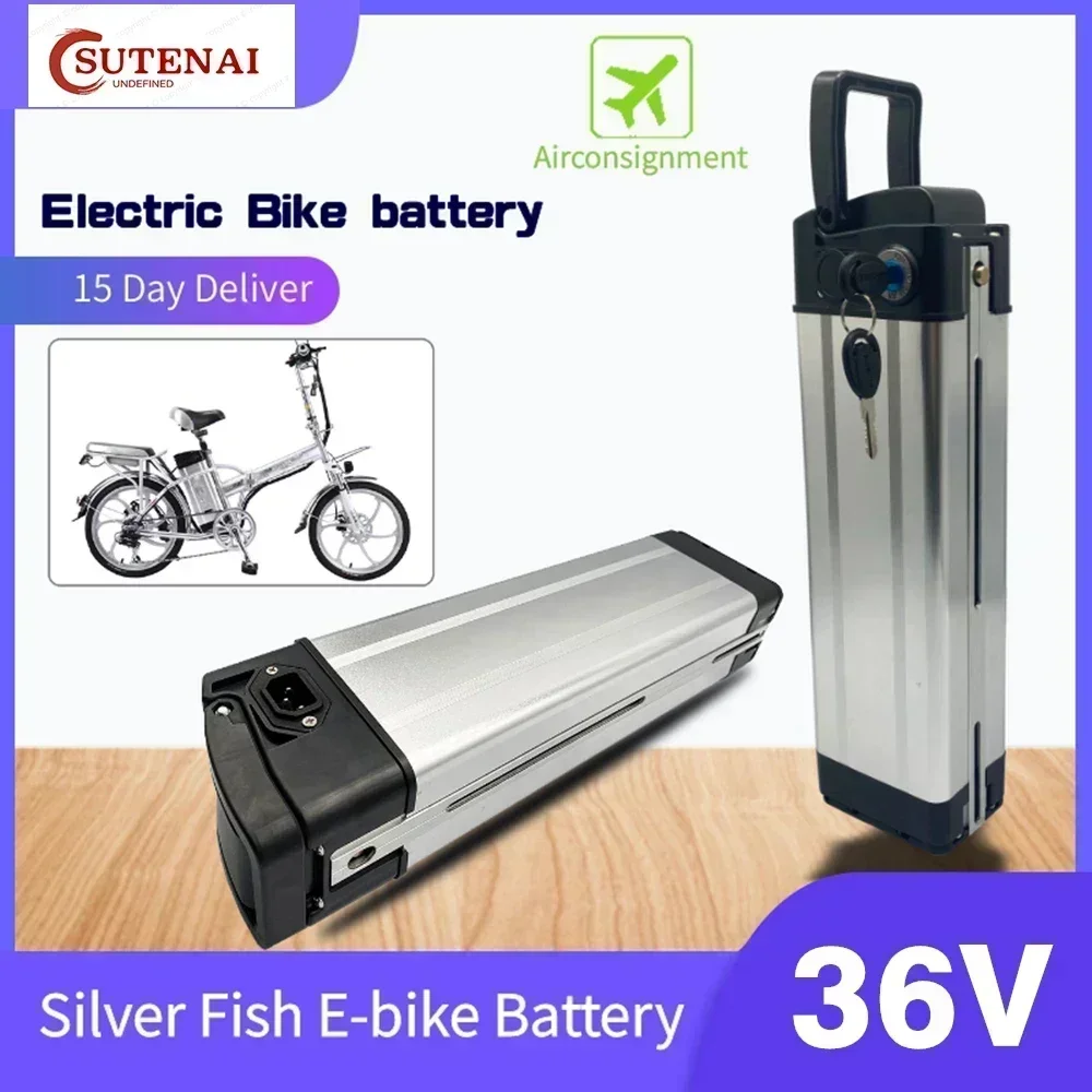 Portátil prata peixe estilo bicicleta elétrica bateria, bateria de lítio de alta potência, alumínio Shell, adequado para E-bike, 500W, 36V, novo