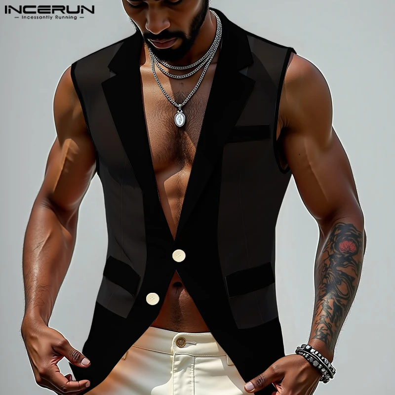 

INCERUN Men Vests Mesh See Through Lapel Sleeveless Sexy Button Male Waistcoats Streetwear 2025 Fashion Party Vests Men S-5XL