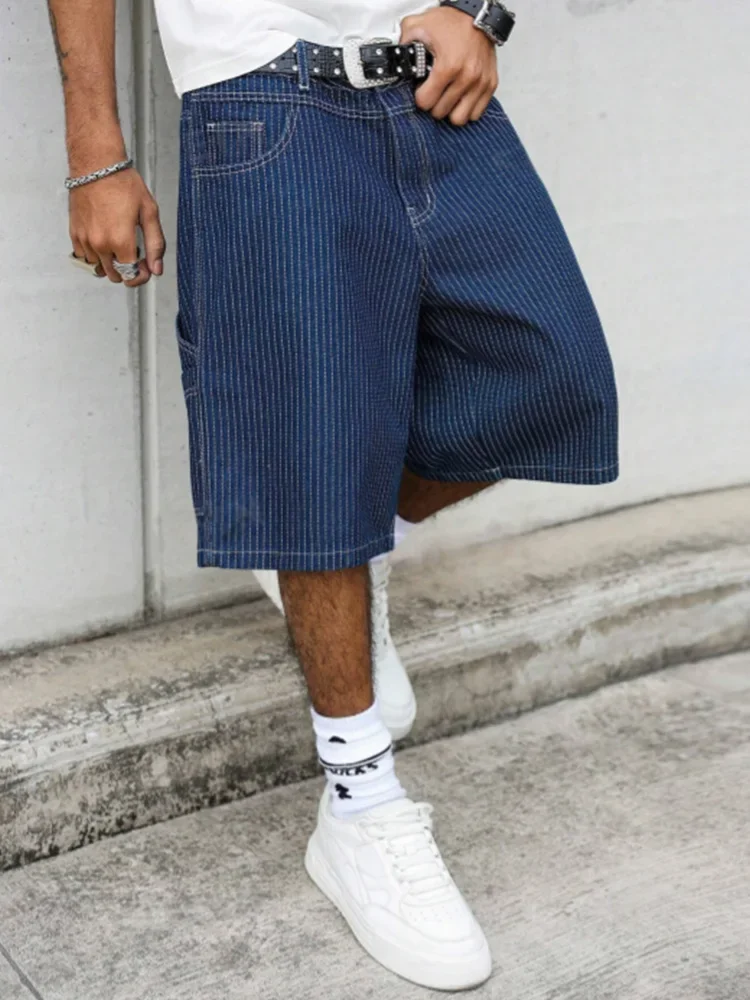 Pantalones Cortos de Mezclilla Holgados con Rayas Estilo Vintage para Hombre, Pantalones Cortos de Trabajo Amekaji de 5 Pulgadas, Ropa Urbana de Verano