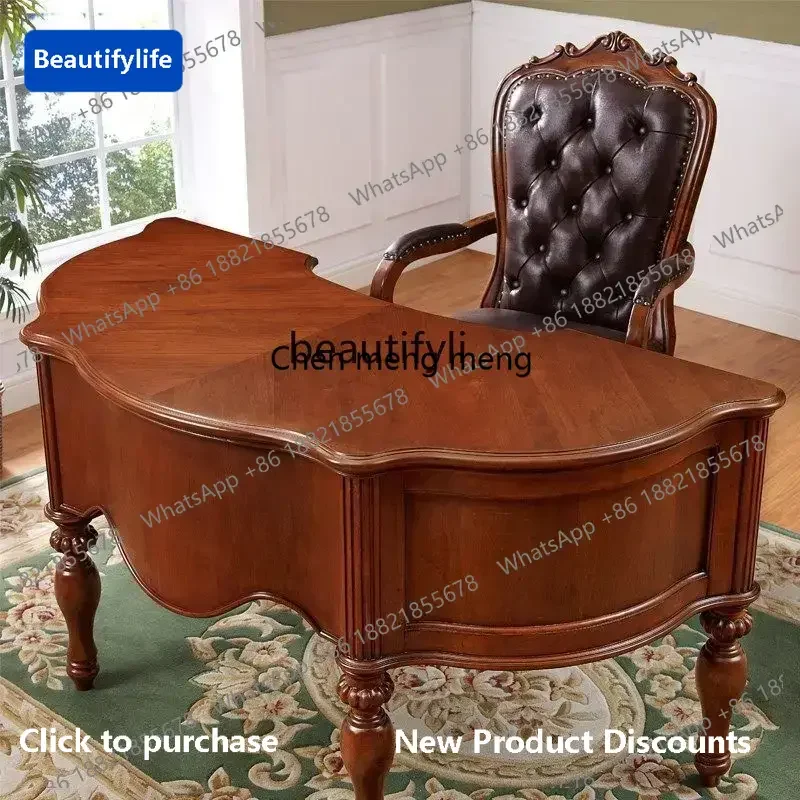 

183F American solid wood desk, semi-round simple boss table, European-style home study desk, curved computer desk