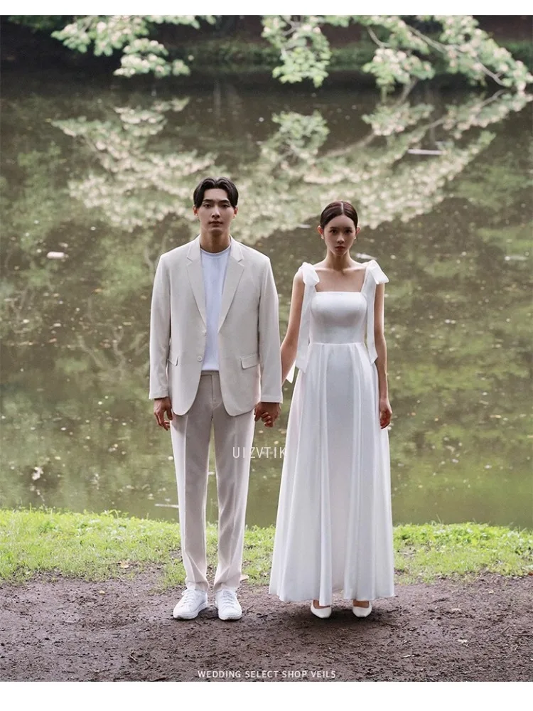 Vestidos de novia elegantes de satén blanco para mujer, sesión de fotos de Corea, correas ajustables, largo hasta el tobillo, vestido de novia con corsé en la espalda personalizado