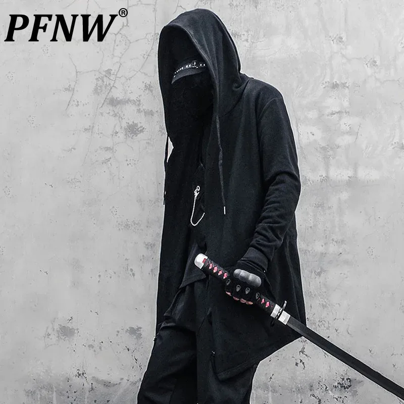 PFNW Men's Spring Darkwear Large Size Wizardry Windbreaker Mid Length Coats Cloak Hooded Black Punk Gothic Chic Trench 12Z4139