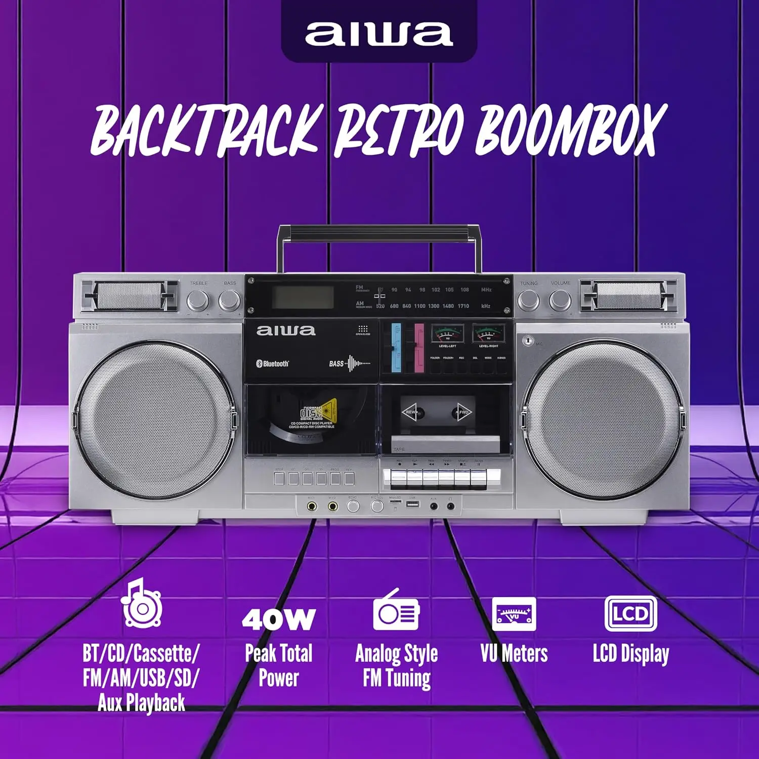 Retro CD Boombox with Cassette Recorder, Bluetooth 5.0, AM/FM Radio, USB/SD/AUX Inputs, VU Meters, LCD Display, Dual 40W Speakers - Silver 2