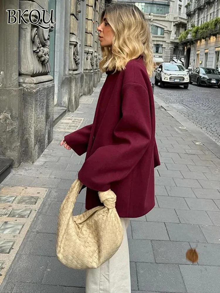 BKQU Elegant Single Breasted Woolen Coat Women Scarf Collar Wine Red Long Sleeve Jacket Chic Lady High Street Loose Warm Outwear