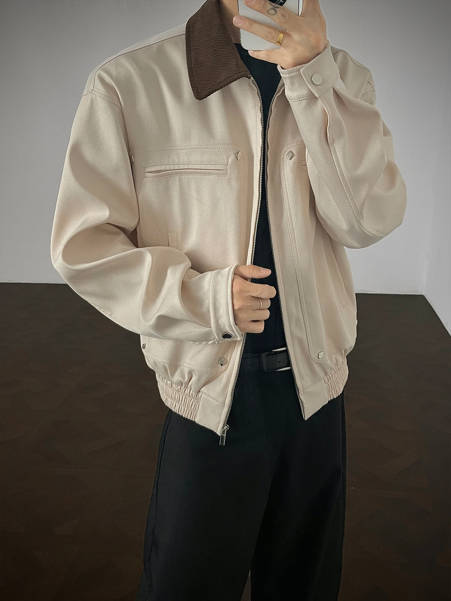 

Retro Barn Sle Men's Jaet ort Flip Collar Spring Autumn Cleanfit Trendy Faion Polyester Casual ex Outerwear