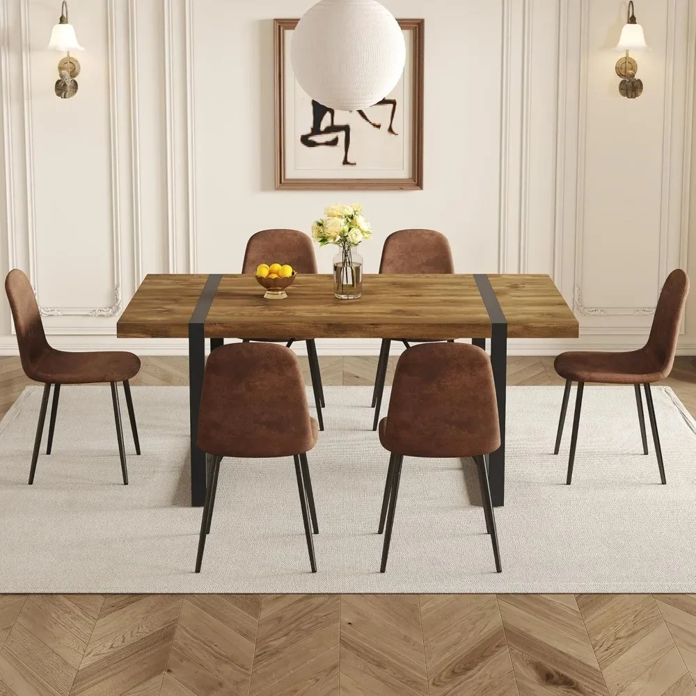 Juego de mesa de comedor de 7 piezas para 6, mesa de comedor rectangular moderna de madera de 71 pulgadas y sillas de comedor de tela 6, mesa de cocina y sillas para 6