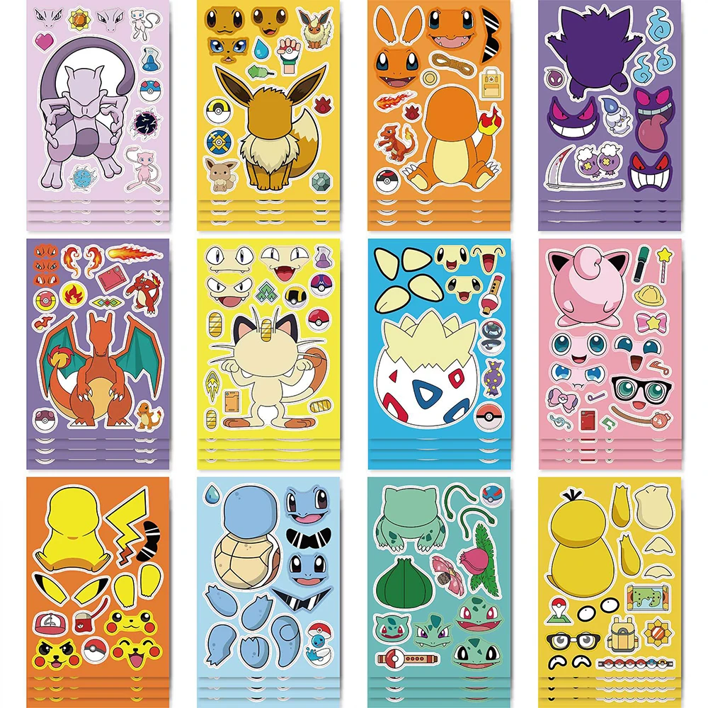 6/12pcs Anime Pokemon Make a Face Puzzle Stickers Cartoon Pikachu DIY Funny Assemble Jigsaw Sticker Decals Toys Party Gift