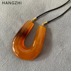 HANGZHI Irregular U Shape Resin Leather Rope Geometric Necklace Pendant Clavicular Chain Brown Vintage Jewelry for Women New