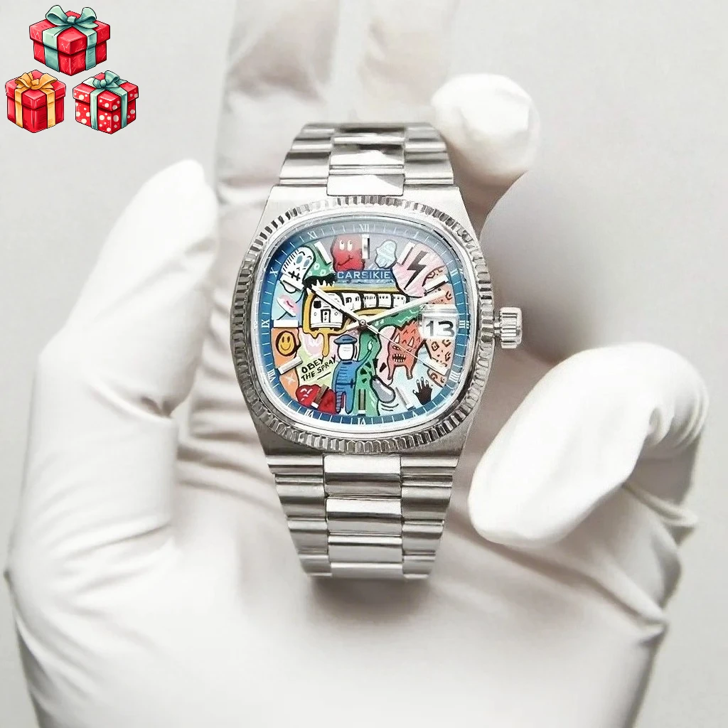 ساعة مربعة جديدة للزوجين بقرص فني تجريدي، ساعة كلاسيكية أنيقة، ساعة كوارتز فضية وسوداء وذهبية، هدية فاخرة على طراز الشارع #3