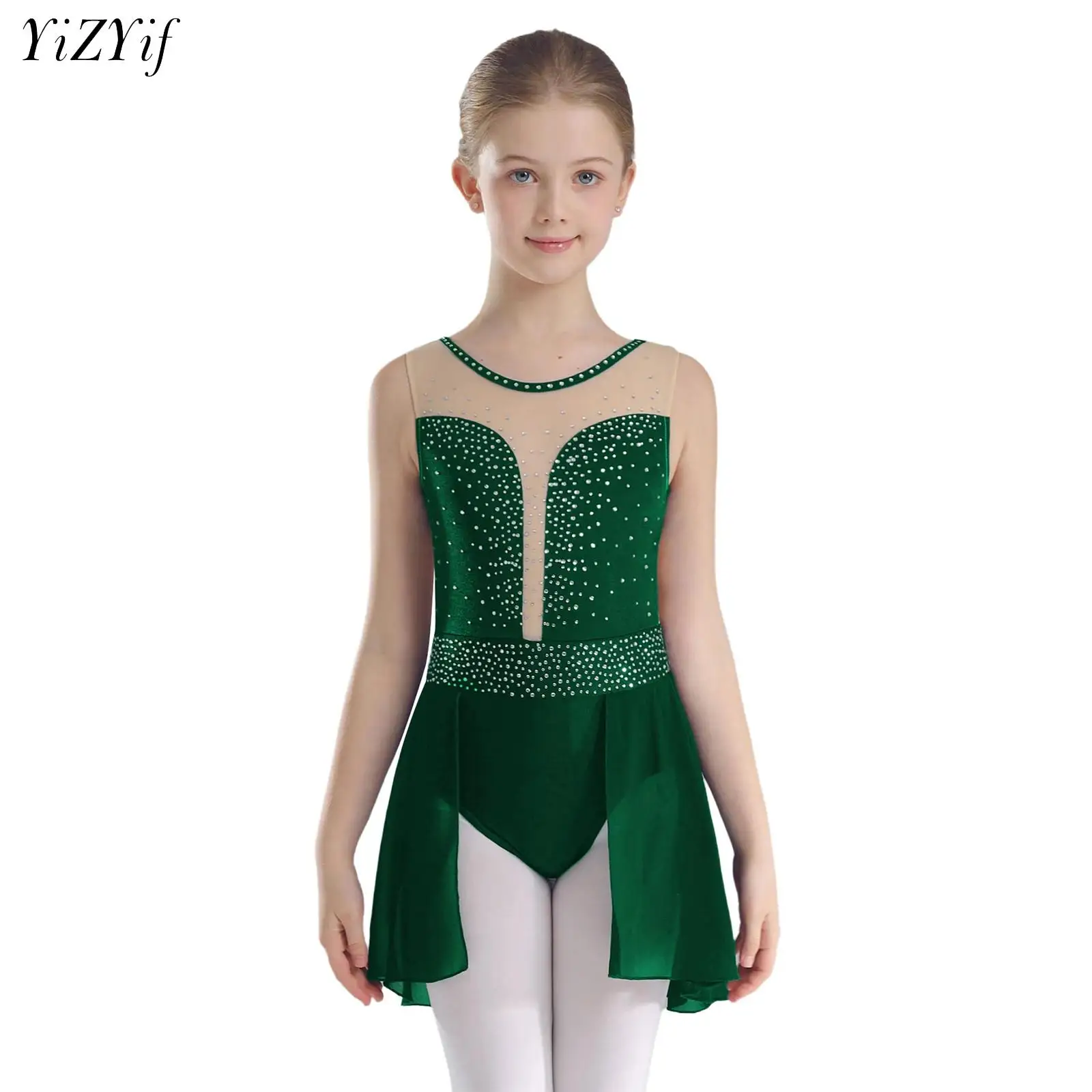 

Sparkly Rhinestones Figure Ice Skating Jersey Dress Girl Gymnastics Ballet Dance Skirted Leotard Performance Competition Costume
