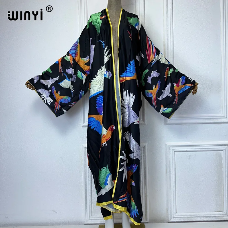 WINYI Digital boho print Kimono african dresses for woman Cardigan beach outfits kaftan beach cover up evening dress maxi coat