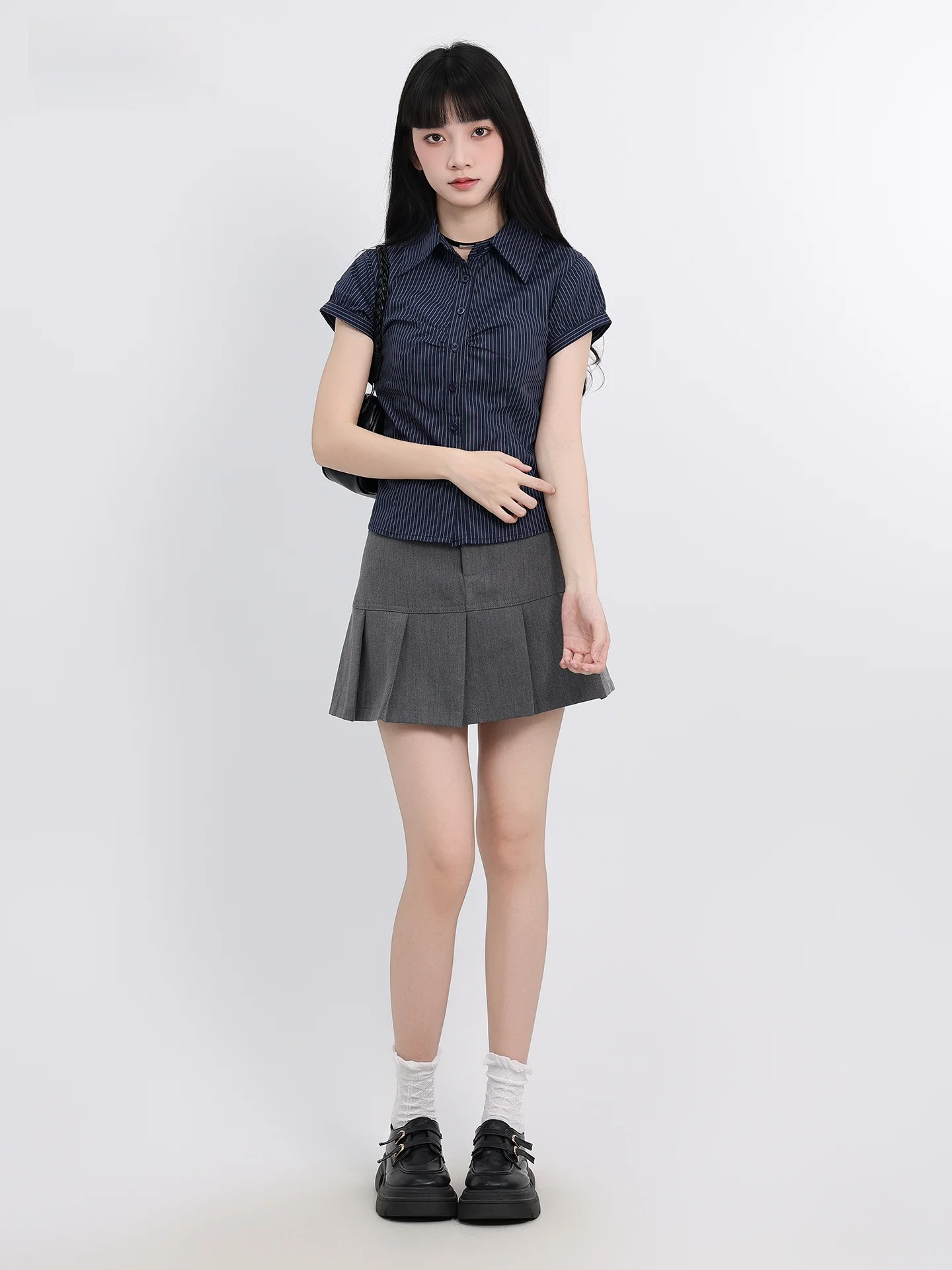 Korean Sle Commuter Retro k Blue Striped ort Sve  irt Women's Summer New Folded oulder Regular Fit irt