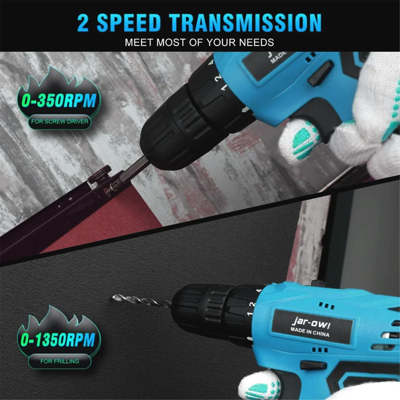 36VF boorcombinatieset, 1 batterijen en een snellader en draagbare behuizing met werklampen