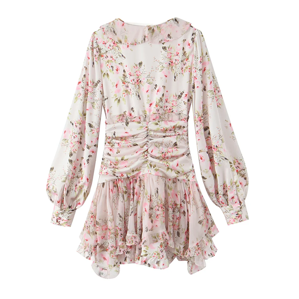 2025 Vrouwen Roze Bloemenprint Bladerdeeg Lange Mouw Chiffon Jurk Open Knoppen Houten oren Ruches Zoom Mini Shirt Jurken Vakantie Gewaad