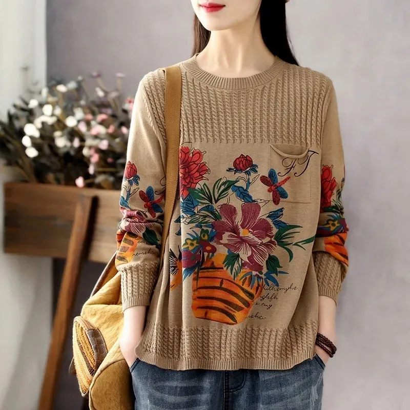 Pullover wanita, atasan Jumper rajut longgar Vintage saku lengan panjang mode musim gugur musim dingin sekrup cetak leher bulat