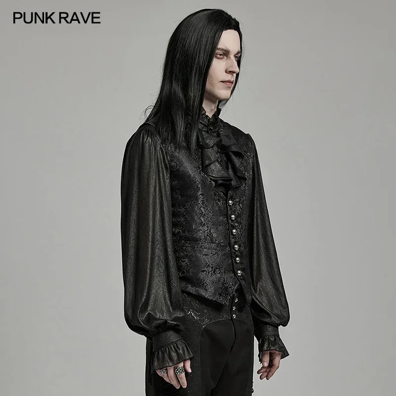 PUNK RAVE Men's Gothic Exquisite Jacquard Waistcoat Eyelet Drawstring Design Party Club Elegant Slim Black Men Vest