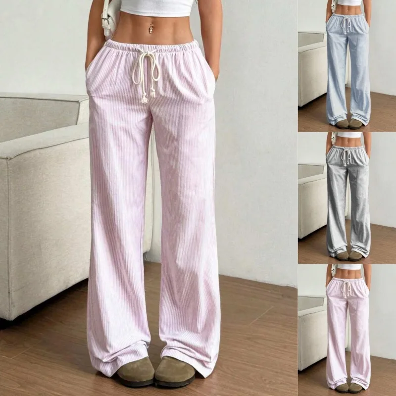 

2025 New Summer Striped Straight Trousers Casual Versatile Lace-up Fashionable Loose Wide-legged for Women