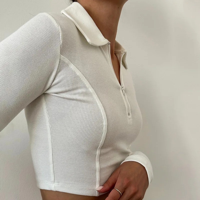 Outono camiseta feminina nova mangas compridas zíperes colheita topo casual moda camiseta senhora streetwear sólido sexy casual roupas finas