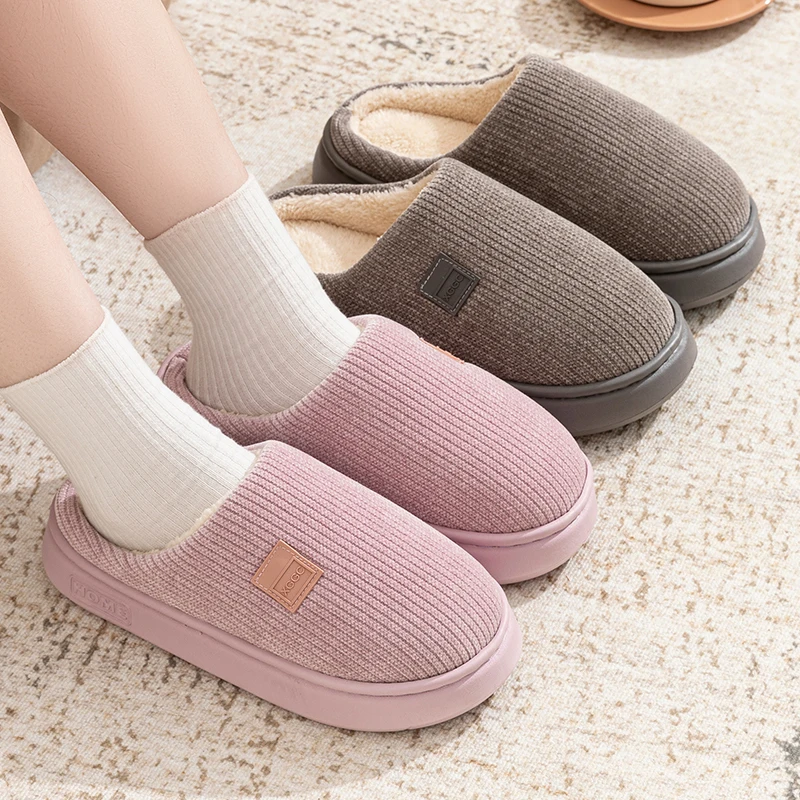 

Winter Women Warm Plush Slippers Female Thick-soled Indoor Furry Shoes Men Outdoor Fashion Non-slip Slides Couples Cotton Shoes