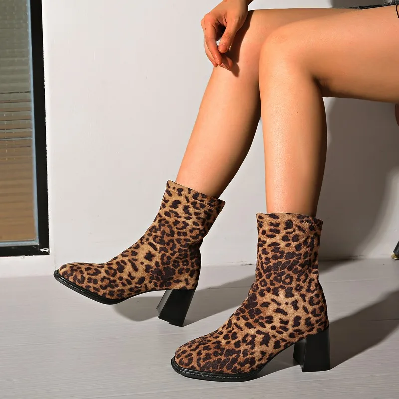 

2025 New Suede Leopard Print Pointed Toe Women's High Heeled Ankle Boots Winter New Thick Sexy Slip On Block Heel