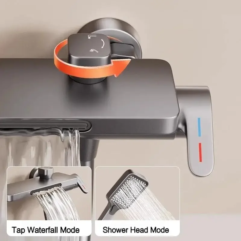 Bathroom Waterfall Bathtub Faucet With Three-Gear Hand-held Shower Head Wall Mounted Hot and Cold Mixer Tap Shower Set