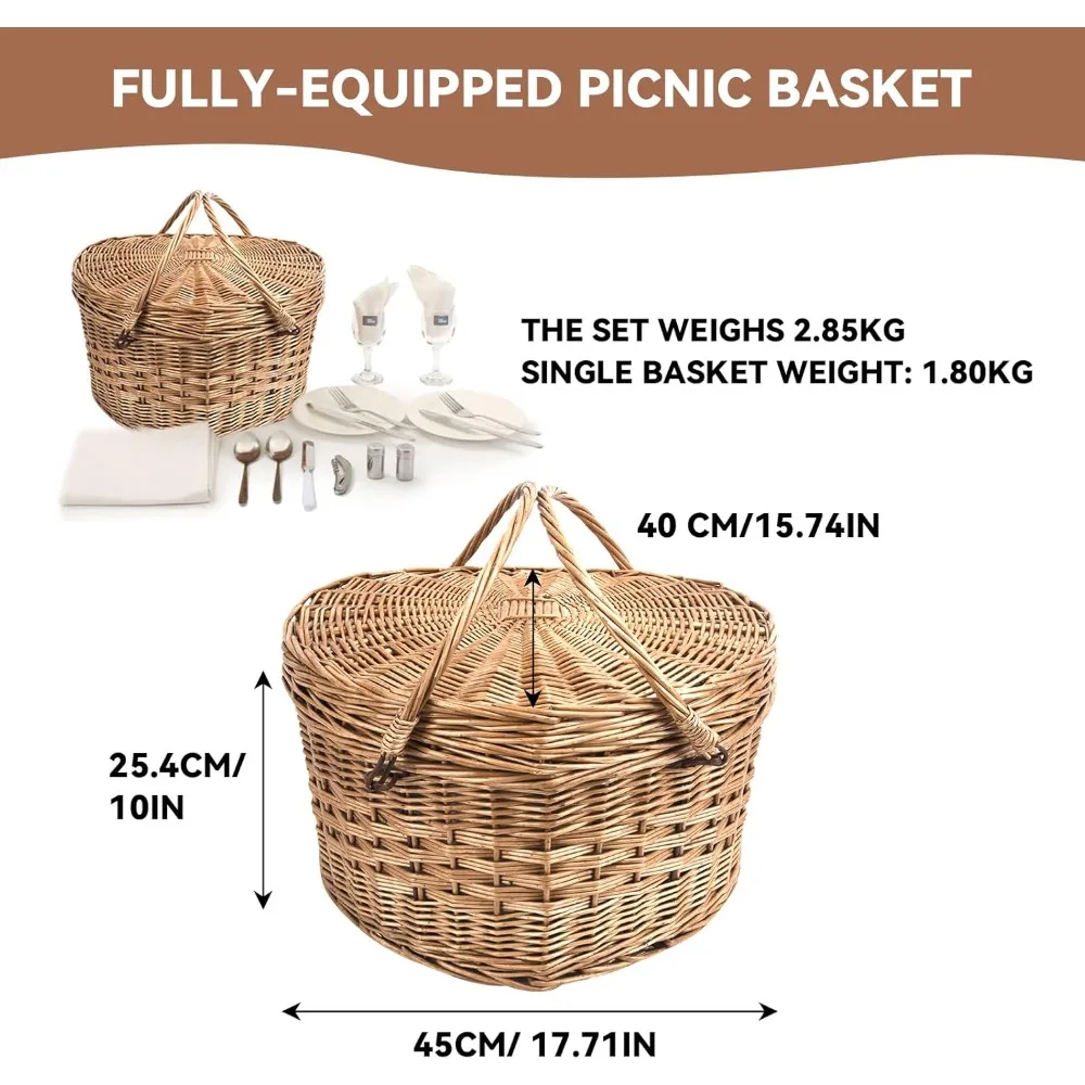 Romantic Heart Picnic Basket for 2 | Sturdy Wicker Willow with Full Accessories