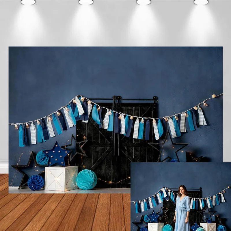 LS Photography Backdrop Deep Blue Wall Tasseled Iron Door Decor Birthday Cake Smash Kids Adult Portrait Photo Background Studio