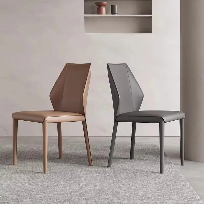 Italian Minimalist Leather Dining Chair with Soft Upholstery and Metal Legs-High-end Feeling for Home Hotel or Restaurant Use