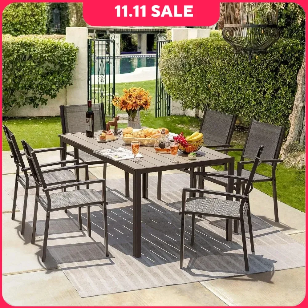 

7 Piece Patio Table Outdoor Furniture Set for Yard, Garden, Porch & Poolside, Grey with 6 Stackable Outdoor Furniture Sets