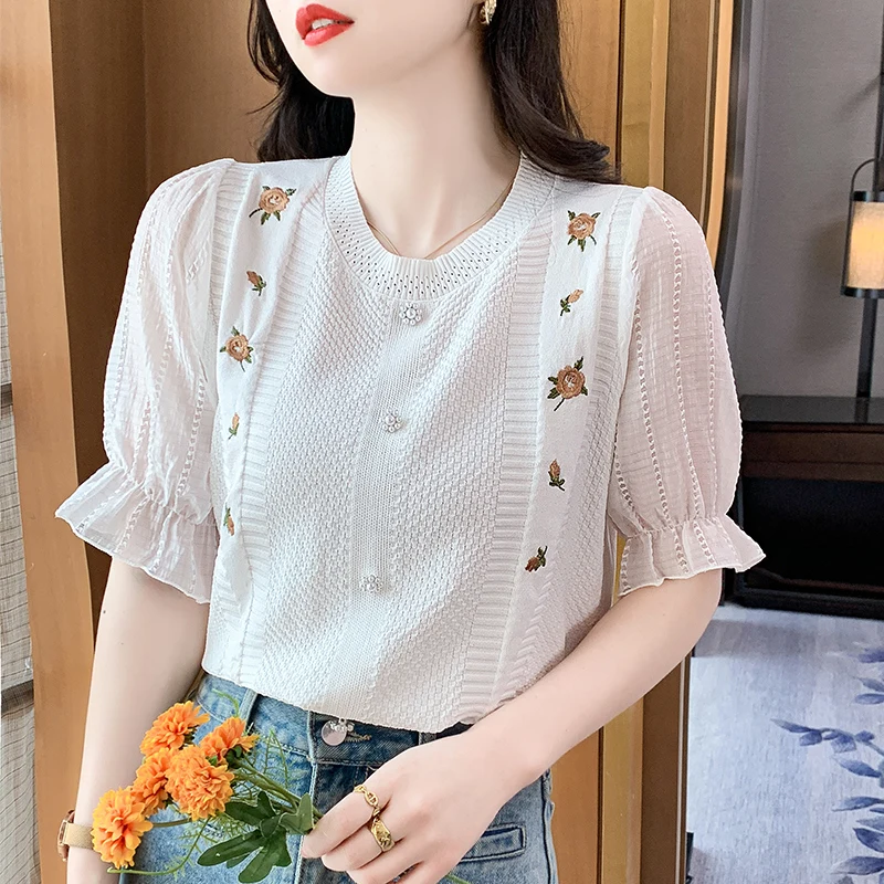 2024 Summer New Korean Version Embroidered Flower Ice Silk Thin Knitwear Women's Spliced Chiffon Sleeve Foreign Style Shirt